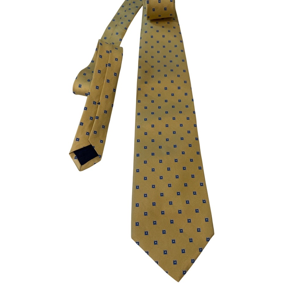 Brooks Brothers 346 Mens Silk Tie Yellow Blue Geometric Square Stain Resistant